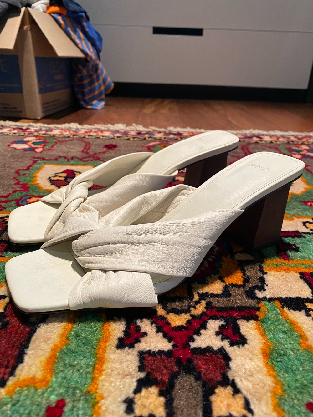 Mango Cream Knotted Leather Block Heel Slides